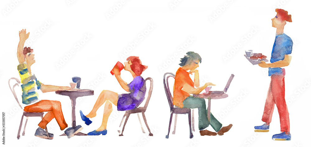 Illustration of people in canteen, eating in the cafeteria, sitting and drinking in the street cafe.