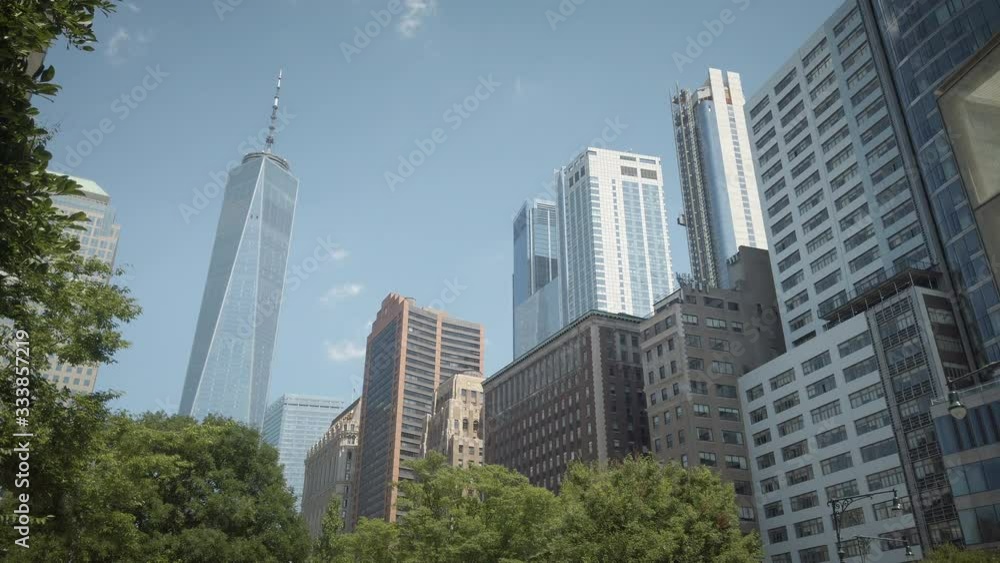 Downtown Lower Manhattan Skyscrapers in the Financial District. Featuring among others the One World Trade Center building and other high rise office buildings.