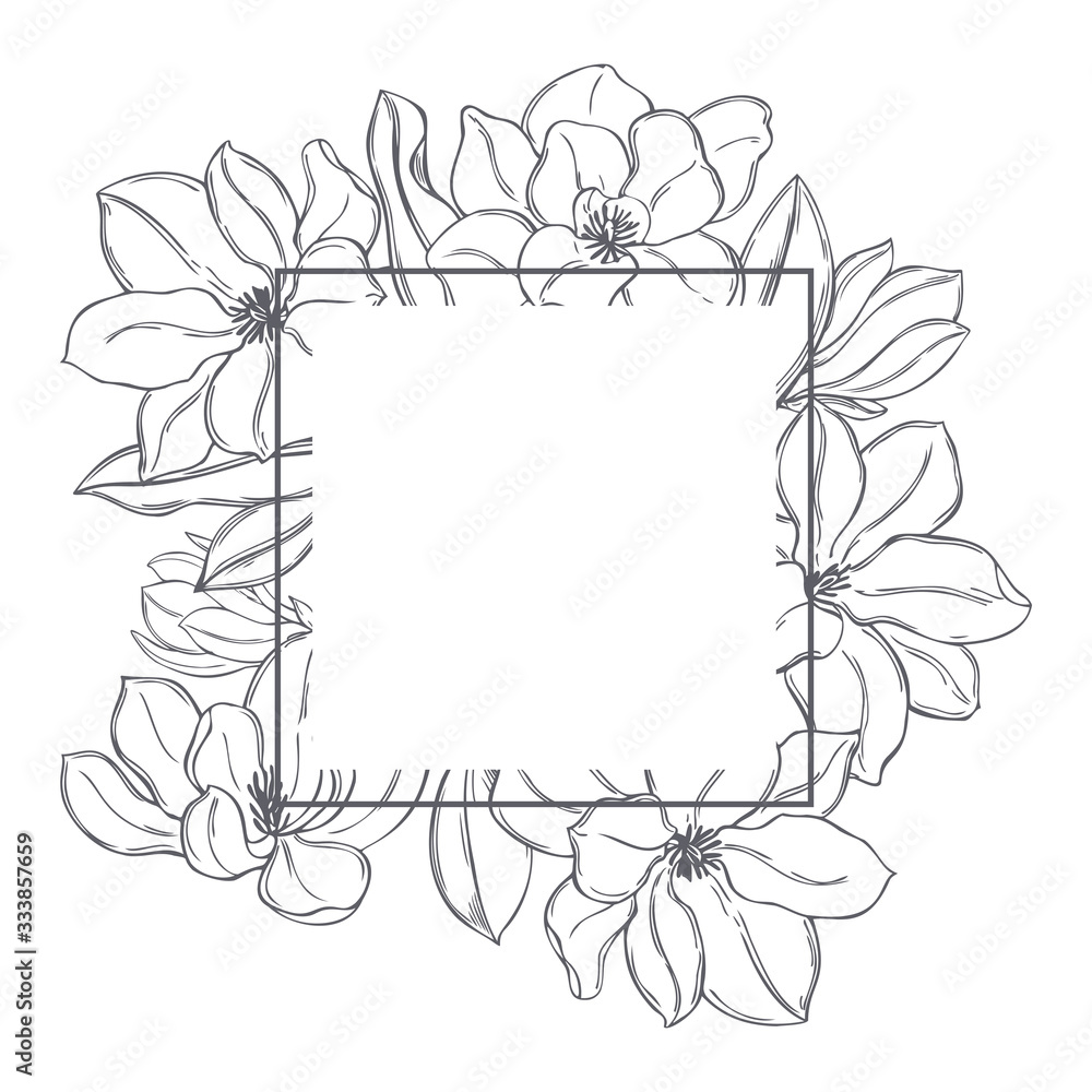 Hand drawn magnolia flowers on white background. Vector frame. Hand drawn magnolia flowers on white background. Vector frame.