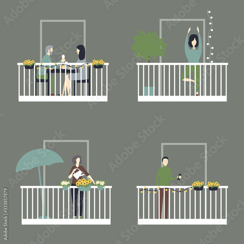 People relax on the balconies. Vector  illustration.