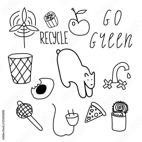 Set of vector ecology of elements. Lettering recycle,go green,metal,avocado,eco,apple,metal can,wind generator, organic sponge, tea sieve, garbage box, plug, tap,polar bear doodle.