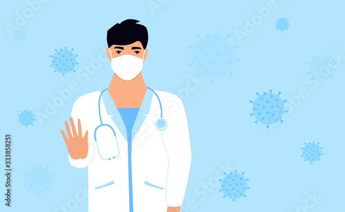 Coronavirus epidemic. Male doctor in a white medical coat and protective surgical mask shows a stop gesture with his hand. COVID-19. Quarantine in the city. Coronavirus epidemic. Horizontal banner