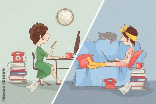 Working from home VS office. Young woman works at a computer, funny vector illustration.