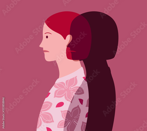 Profile portrait of unhappy young woman who feels the approach of depression, represented as a dark silhouette. Visual metaphor for anxiety 