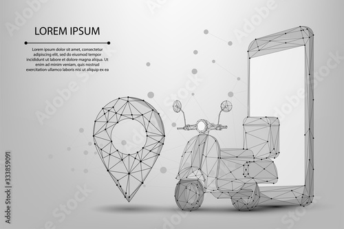 Abstract line and point Scooter with delivery. Fast courier. Restaurant food service, mail delivery service, a postal employee the determination of geolocation using electronic device
