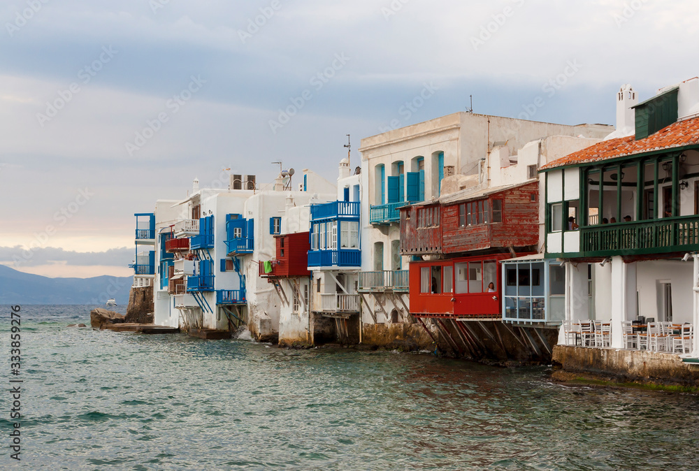 View of the Little Venice on Mykonos island in Greece