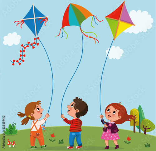 Kids playing kites. Vector illustration of children flying kites on the meadow. 