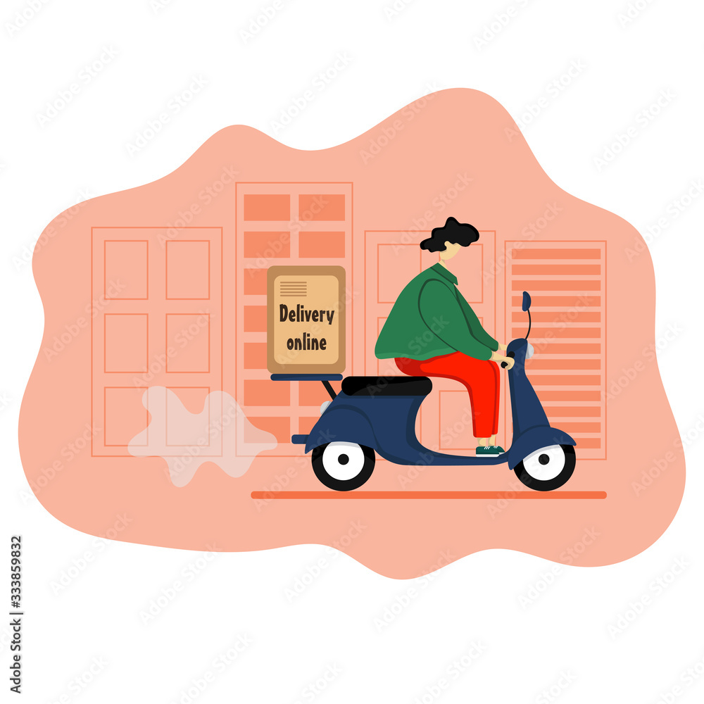 A young man delivers food in a box on a moped against the background of city houses. Illustration of a food delivery service in the city at the destination.
