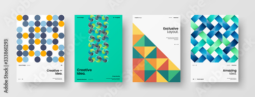 Business presentation vector A4 vertical orientation front page mock up set. Corporate report cover abstract geometric illustration design layout bundle. Company identity brochure template collection.