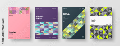 Business presentation vector A4 vertical orientation front page mock up set. Corporate report cover abstract geometric illustration design layout bundle. Company identity brochure template collection.