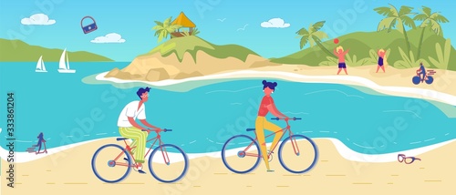 Man Woman Cycling in Tropical Sand Beach Resort