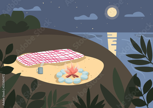 Blanket and bonfire on seashore flat color vector illustration. Picnic on beach at night. Summer camping, holiday on nature. Evening seacoast 2D cartoon landscape with moon light on background