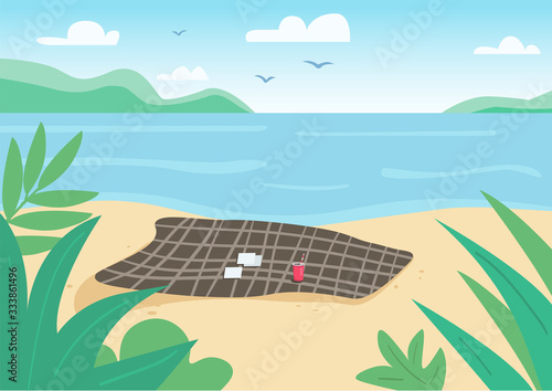 Blanket on wild beach flat color vector illustration. Towel and playing cards on sand. Summer vacation, recreation on nature. Seacoast 2D cartoon landscape with water on background