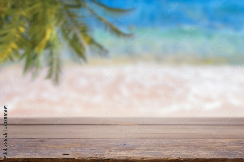 Empty table top on sea beach background