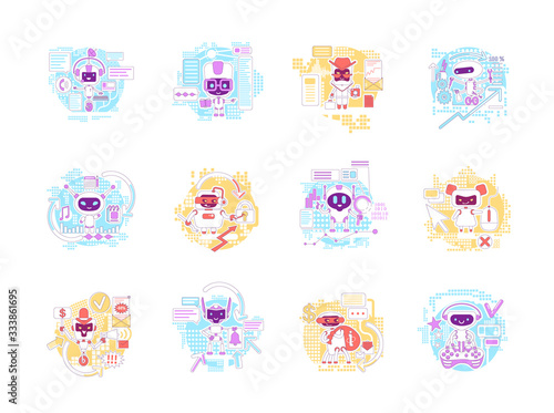 Good and bad bots thin line concept vector illustrations set. Internet robots 2D cartoon characters for web design. Personal AI assistants. Information stealing software creative ideas