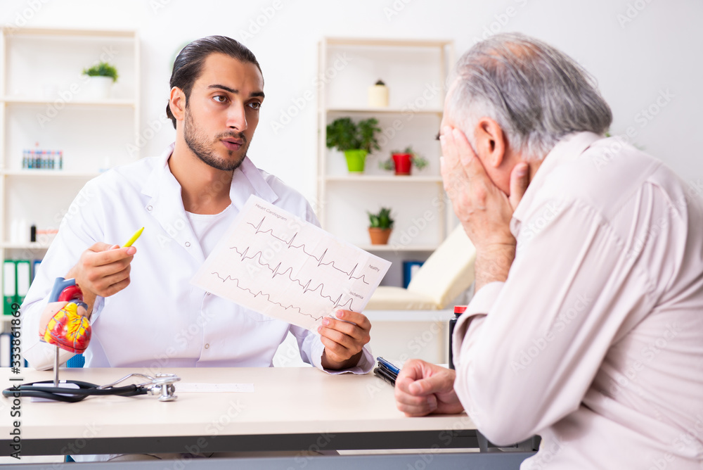 Old man visiting young male doctor cardiologist Old man visiting young male doctor cardiologist