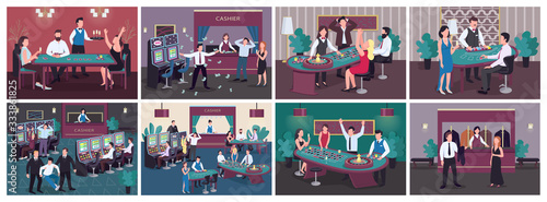 Casino flat color vector illustrations set. Woman win betting on red in roulette. Man get cash prize from slot machine. Luxury entertainment establishment. Gambler 2D cartoon characters in interior