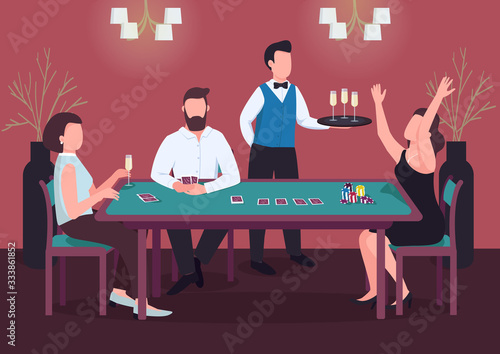 Casino flat color vector illustration. Three people play poker. Woman win card game at green table. Chips to make stakes. Gambler 2D cartoon characters in interior with waiter on background