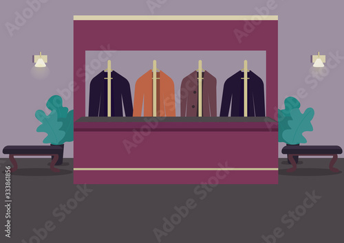 Cloakroom flat color vector illustration. Wardrobe to pick belongings. Theater hall. Restaurant lobby. Suits on hangers. Casino room 2D cartoon interior with receptionist counter on background
