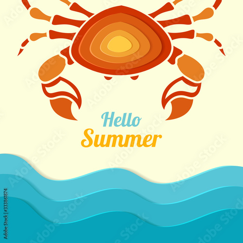 Summer paper background. Layered crab and sea. Abstract modern 3D banner. Vector illustration sea food in origami style. Papercraft crab. Modern design paper, wallpaper, card, cover, brochure. Stock.