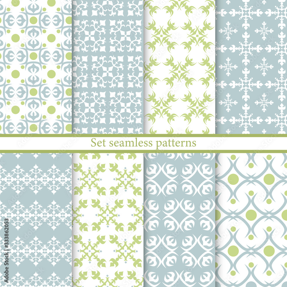 Set elegant seamless patterns. Blue and green abstract geometric backgrounds. Vector illustration. Arabic collection textures. Modern ornaments. Design paper, wallpaper, textile, cover, print. Stock. Set elegant seamless patterns. Blue and green abstract geometric backgrounds. Vector illustration. Arabic collection textures. Modern ornaments. Design paper, wallpaper, textile, cover, print. Stock.