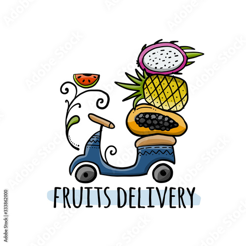 Fresh Fruits Delivery. Asian Style Motorbike. Sketch for your design