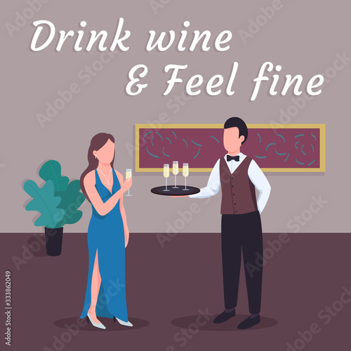 Restaurant social media post mockup. Drink wine and feel fine phrase. Web banner design template. Catering for event booster, content layout with inscription. Poster, print ads and flat illustration