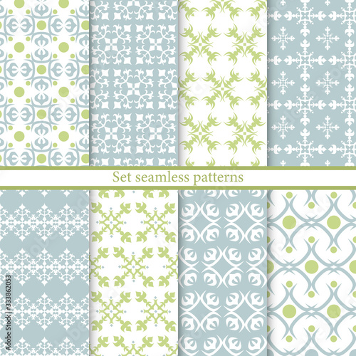 Set elegant seamless patterns. Blue and green abstract geometric backgrounds. Vector illustration. Arabic collection textures. Modern ornaments. Design paper, wallpaper, textile, cover, print. Stock.