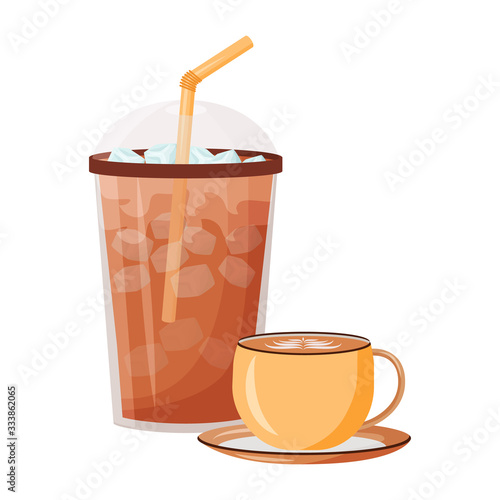 Summer coffeeshop menu cartoon vector illustration. Iced americano. Cappuccino in ceramic mug. Plastic cup with straw. Caffeine drinks flat color object. Refreshment shake isolated on white background