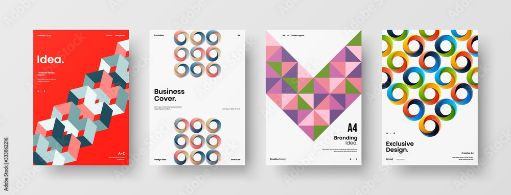 Obraz premium Business presentation vector A4 vertical orientation front page mock up set. Corporate report cover abstract geometric illustration design layout bundle. Company identity brochure template collection.