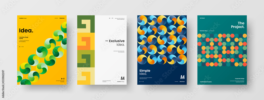 Fototapeta premium Business presentation vector A4 vertical orientation front page mock up set. Corporate report cover abstract geometric illustration design layout bundle. Company identity brochure template collection.