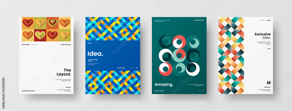 Fototapeta premium Business presentation vector A4 vertical orientation front page mock up set. Corporate report cover abstract geometric illustration design layout bundle. Company identity brochure template collection.