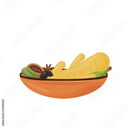 Indian drink condiments cartoon vector illustration. Tea additives in ceramic bowl flat color object. Traditional beverage flavourings and aromatic ingredients isolated on white background