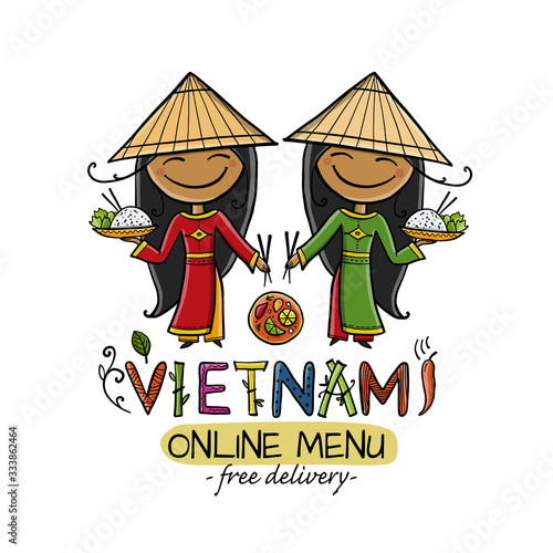 Vietnamese traditional food. Online menu logo. Women in traditional dress with food. Sketch for your design