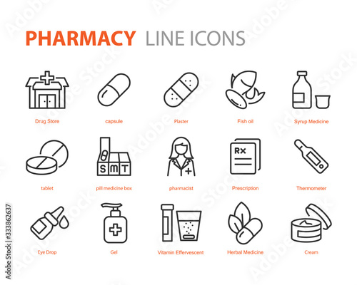 set of medicine icons, pharmacy, medical, capsule, drug store