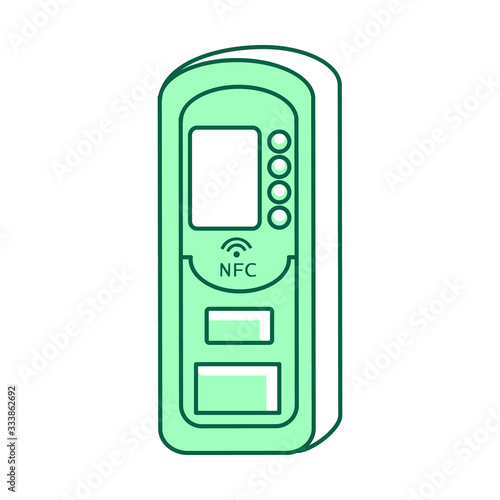 NFC device, keyless lock green linear object. Keycard scanning system thin line symbol. Electronic scanner, card identical smart device isolated outline illustration on white background