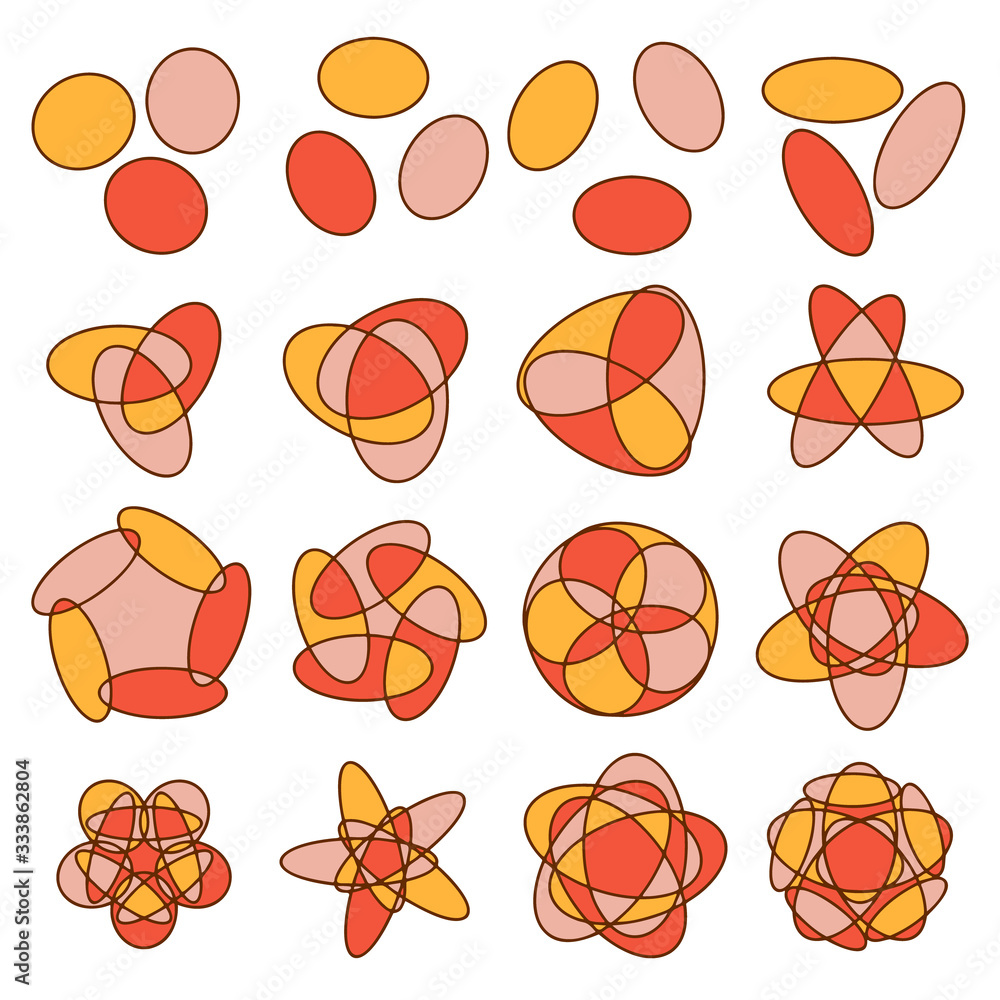 Set of abstract geometric shapes. Ellipses crossing over, radial symmetry. Set of abstract geometric shapes. Ellipses crossing over, radial symmetry.