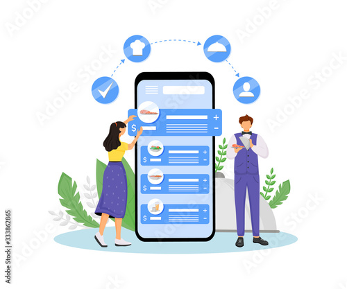Catering, restaurant food online ordering flat concept vector illustration. Cafe client and waiter 2D cartoon characters for web design. Meals order mobile application creative idea