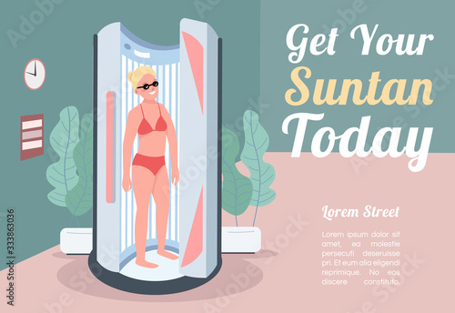 Get your suntan today banner flat vector template. Brochure, poster concept design with cartoon characters. Woman tanning in sunbed. Artificial sunbath horizontal flyer, leaflet with place for text
