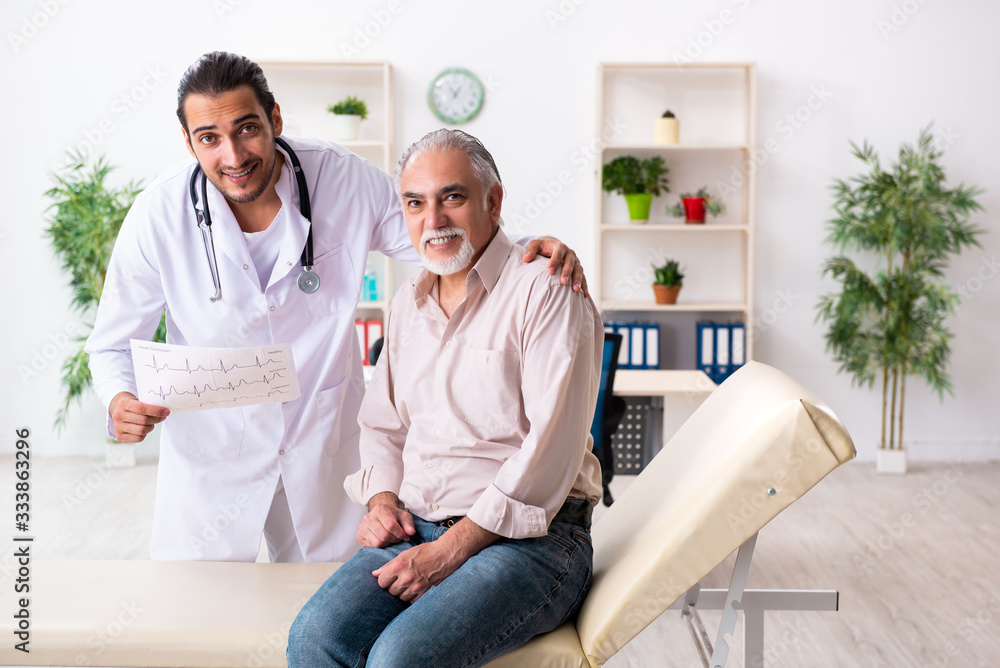 Old man visiting young male doctor cardiologist Old man visiting young male doctor cardiologist