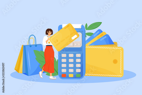 Digital payment flat concept vector illustration. Woman paying with credit card 2D cartoon character for web design. E payment system, modern financial technology, cashless payment creative idea