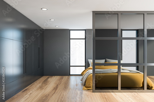 Gray and glass master bedroom interior