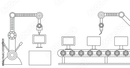 Conveyor assembly line in flat style. Automatic production line concept. Industrial mass production conveyor. 