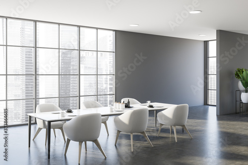 Panoramic gray dining room interior