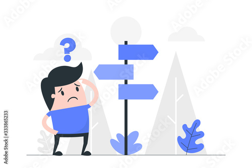 Confused man with crossroad signpost.
