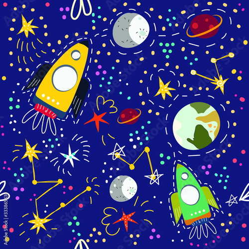 Seamless pattern spaceship, rocket, different planets, planet earth, stars
