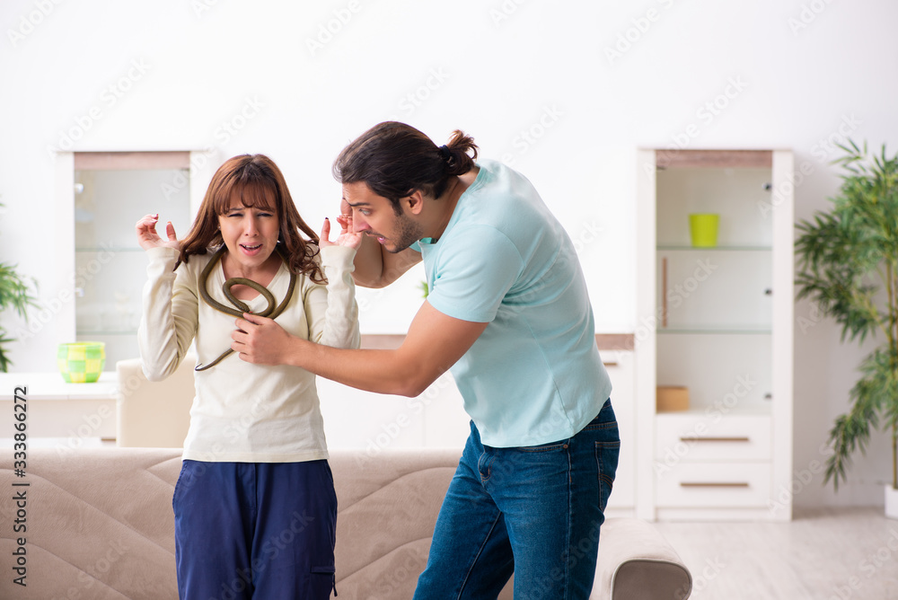 Young couple and snake in the flat Young couple and snake in the flat