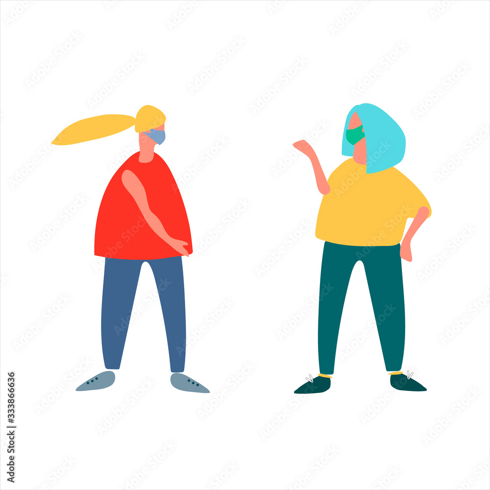 Social distancing rule during coronavirus quarantine. Covid-19 awareness concept. Two masked women standing opposite each other. Vector illustration in flat style Social distancing rule during coronavirus quarantine. Covid-19 awareness concept. Two masked women standing opposite each other. Vector illustration in flat style