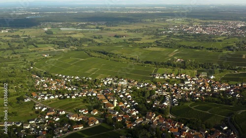 Aerial view around the villages Varnhalt, Steinbach and Neuweier in Germany. Early on a sunny morning in summer.  photo