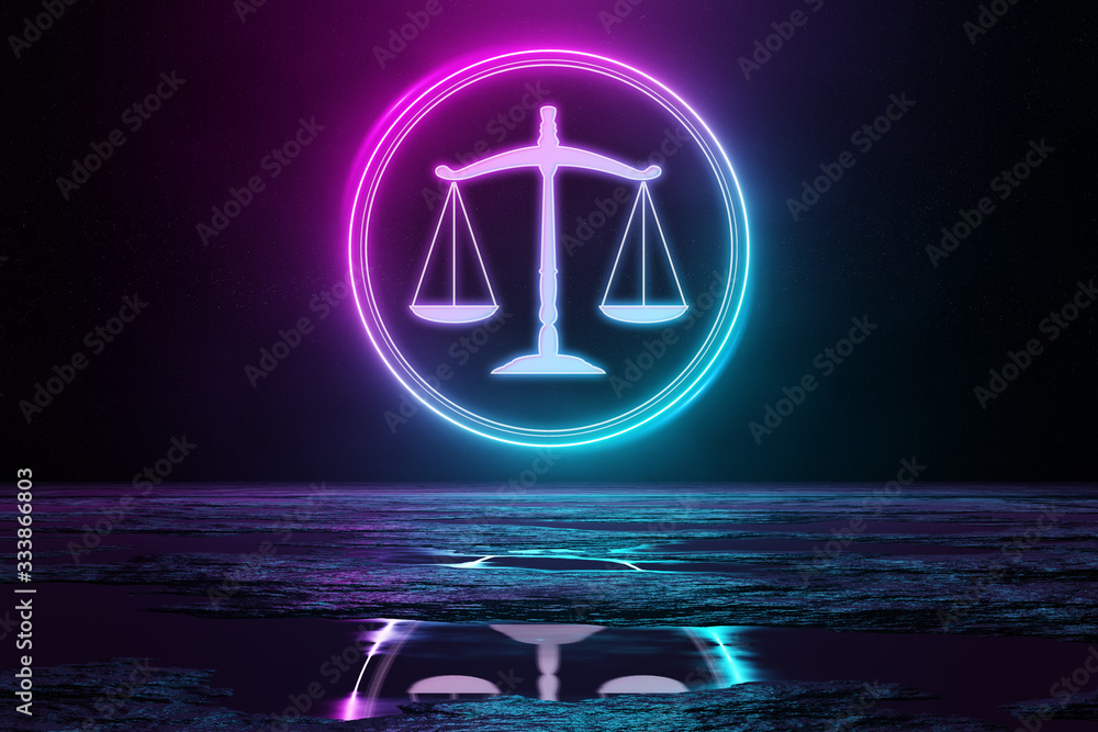 Digital law holographic icon illuminating the floor with blue and pink neon light 3D rendering Digital law holographic icon illuminating the floor with blue and pink neon light 3D rendering